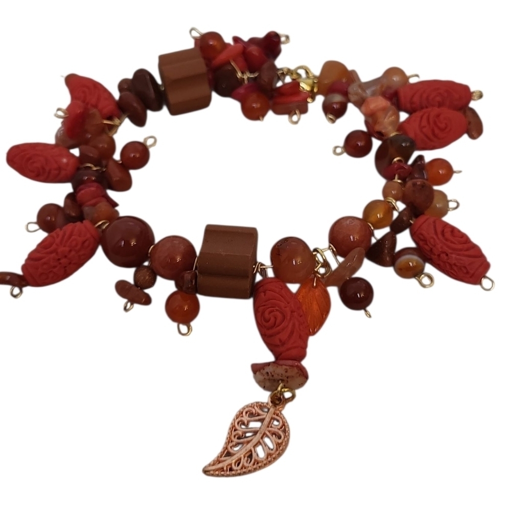 Red Carnelian & Carved Cinnabar Barrel Bracelet Czech Glass